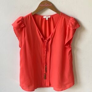 Mine Coral short sleeve tassel tie front Top, Size M